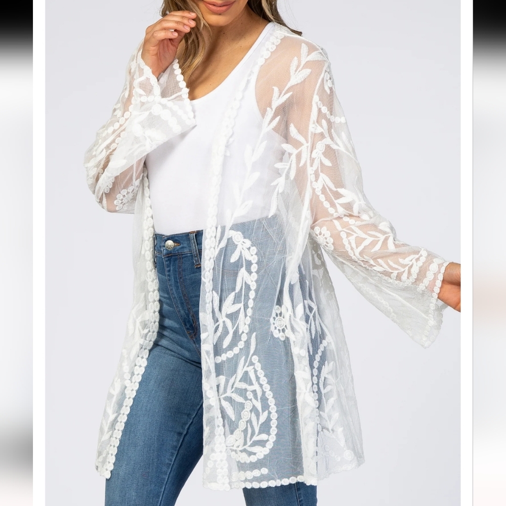 Davi & Dani White Lace Embroidered Mesh Cover Up Kimono Boho EUC - SZ M/L